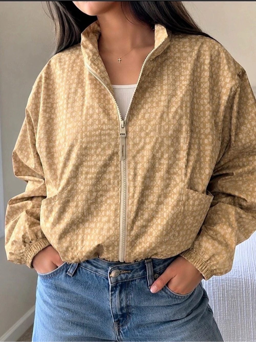 Women's Geometric Bomber Jacket in Brown & Cream